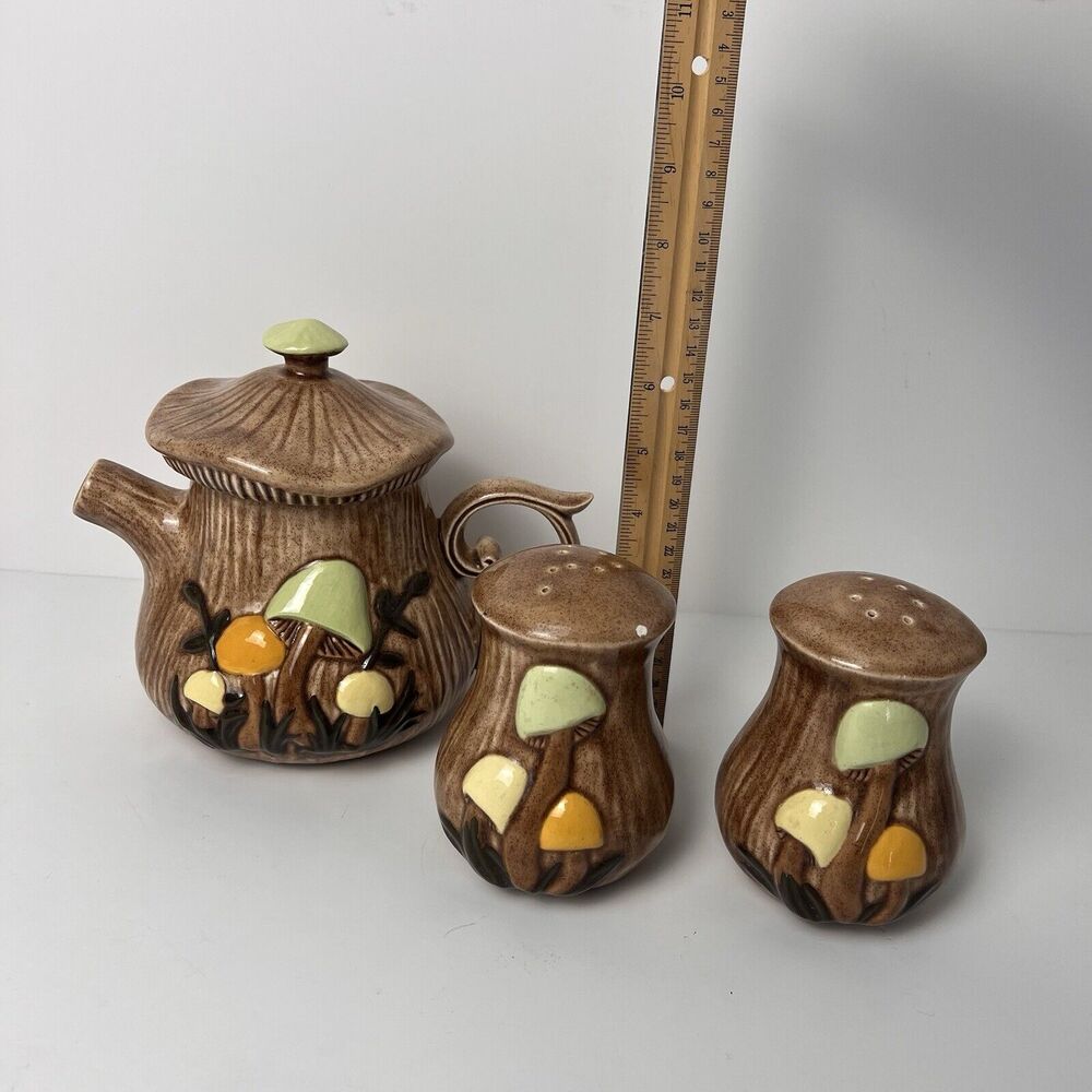 VTG Arnel's Mushroom Teapot Dark Lid Salt & Pepper Shaker Set Ceramic - Picture 15 of 16
